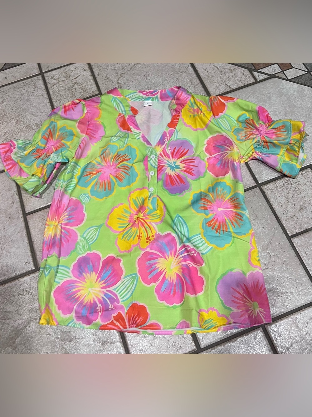 Floral V-Neck Button Front Blouse - Lime Green & Pink Multi with Hibiscus flower
